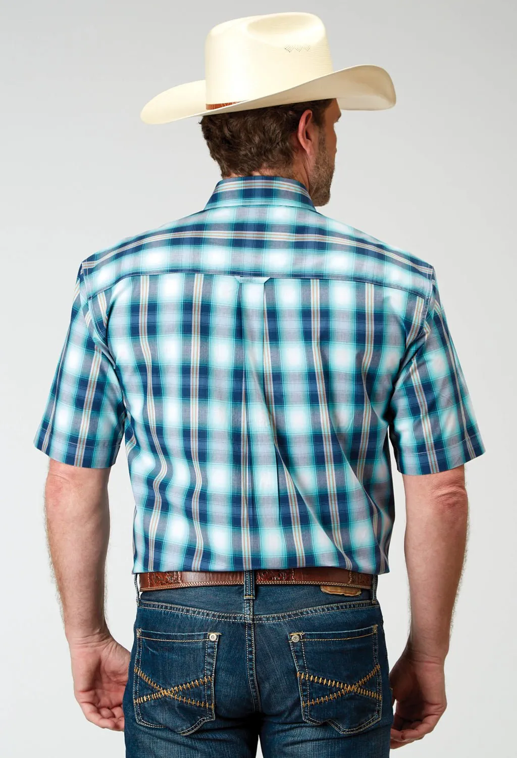 Pullover Design Relaxed Design Roper Mens Cool Breeze Plaid Blue 100% Cotton S/S Shirt
