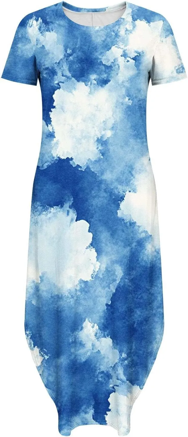 Maxi Dresses for Women Tie-Dye Printed Short Sleeve Crew Neck Slit Side Irregular Hem Casual Loose Long Shift Dress