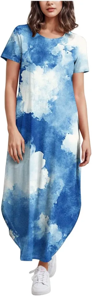 Maxi Dresses for Women Tie-Dye Printed Short Sleeve Crew Neck Slit Side Irregular Hem Casual Loose Long Shift Dress