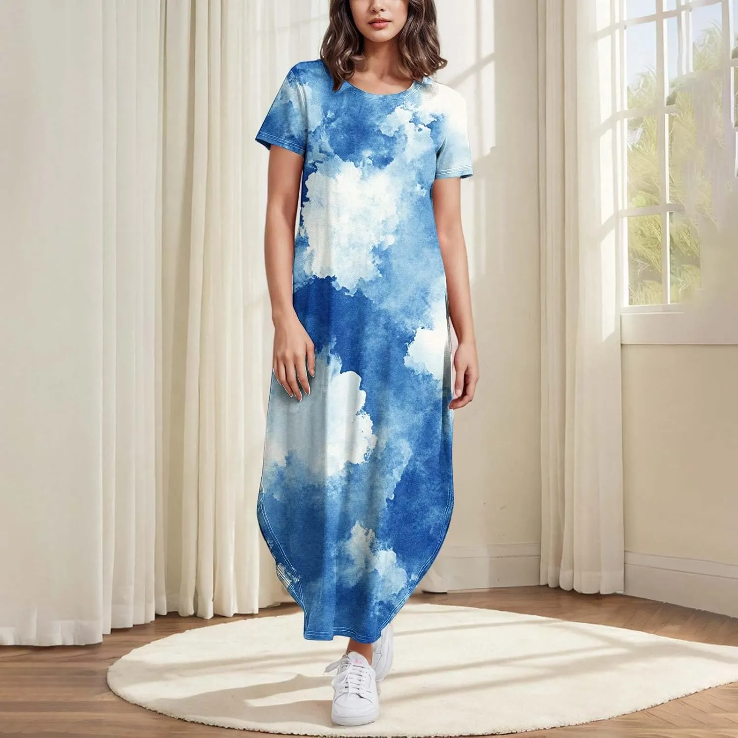 Maxi Dresses for Women Tie-Dye Printed Short Sleeve Crew Neck Slit Side Irregular Hem Casual Loose Long Shift Dress