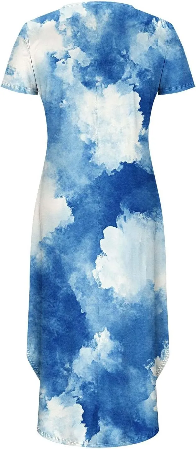 Maxi Dresses for Women Tie-Dye Printed Short Sleeve Crew Neck Slit Side Irregular Hem Casual Loose Long Shift Dress