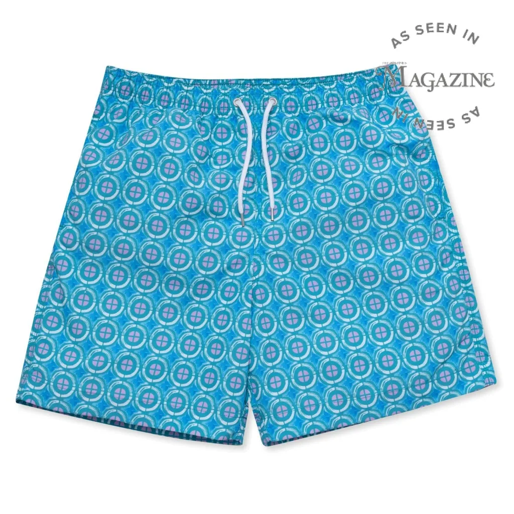 Mediterranean Tile Swim Shorts - Blue/Pink