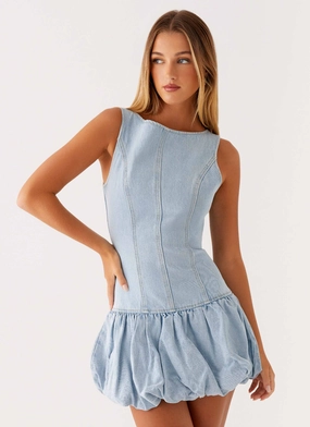 Meg Bubble Denim Mini Dress - Blue Textured Wear Meg Bubble Denim Mini Dress - Blue Side-Pocket Trend Movement