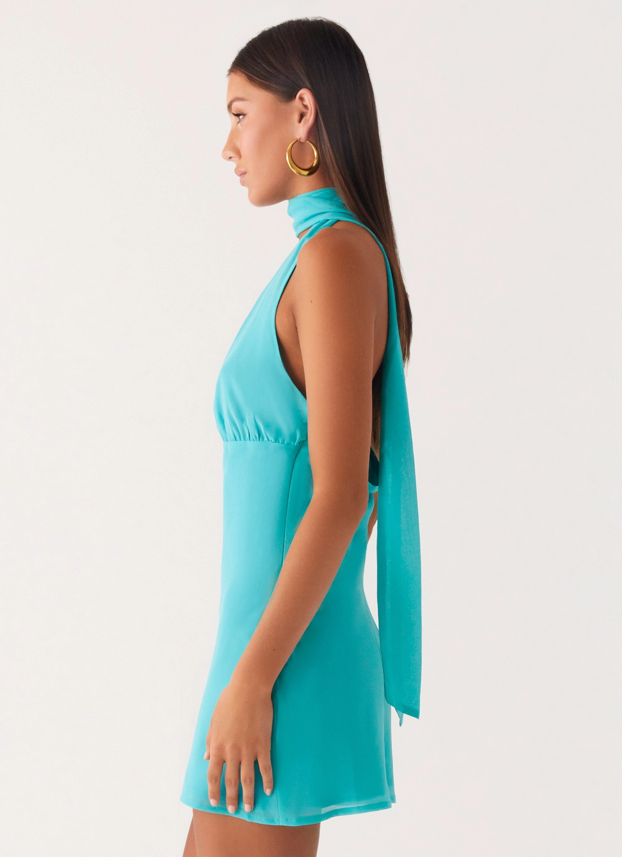 Gentle Fit Comfortable Fashion Melisande Scarf Neck Mini Dress - Aqua Blue