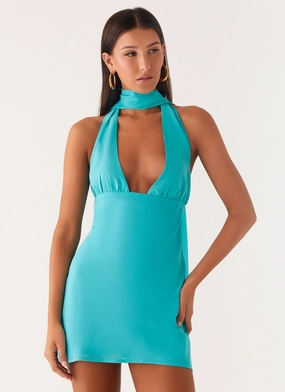 Melisande Scarf Neck Mini Dress - Aqua Blue Essential Comfort Fit Calm Energy Pure Stitch Melisande Scarf Neck Mini Dress - Aqua Blue