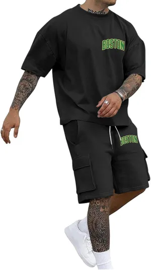 Men 2 Piece Outfits Mens Track Suits Set Crewneck Summer Short Sleeve Sportwear Sets Loose Fit Casual Shorts Suit