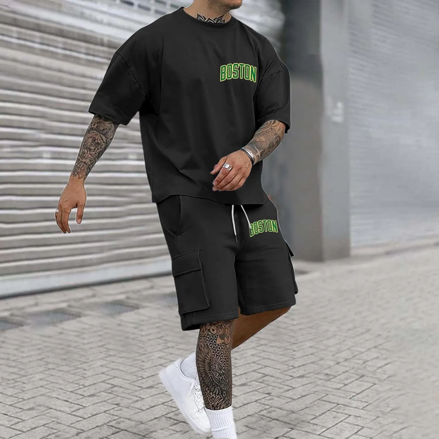 Men 2 Piece Outfits Mens Track Suits Set Crewneck Summer Short Sleeve Sportwear Sets Loose Fit Casual Shorts Suit