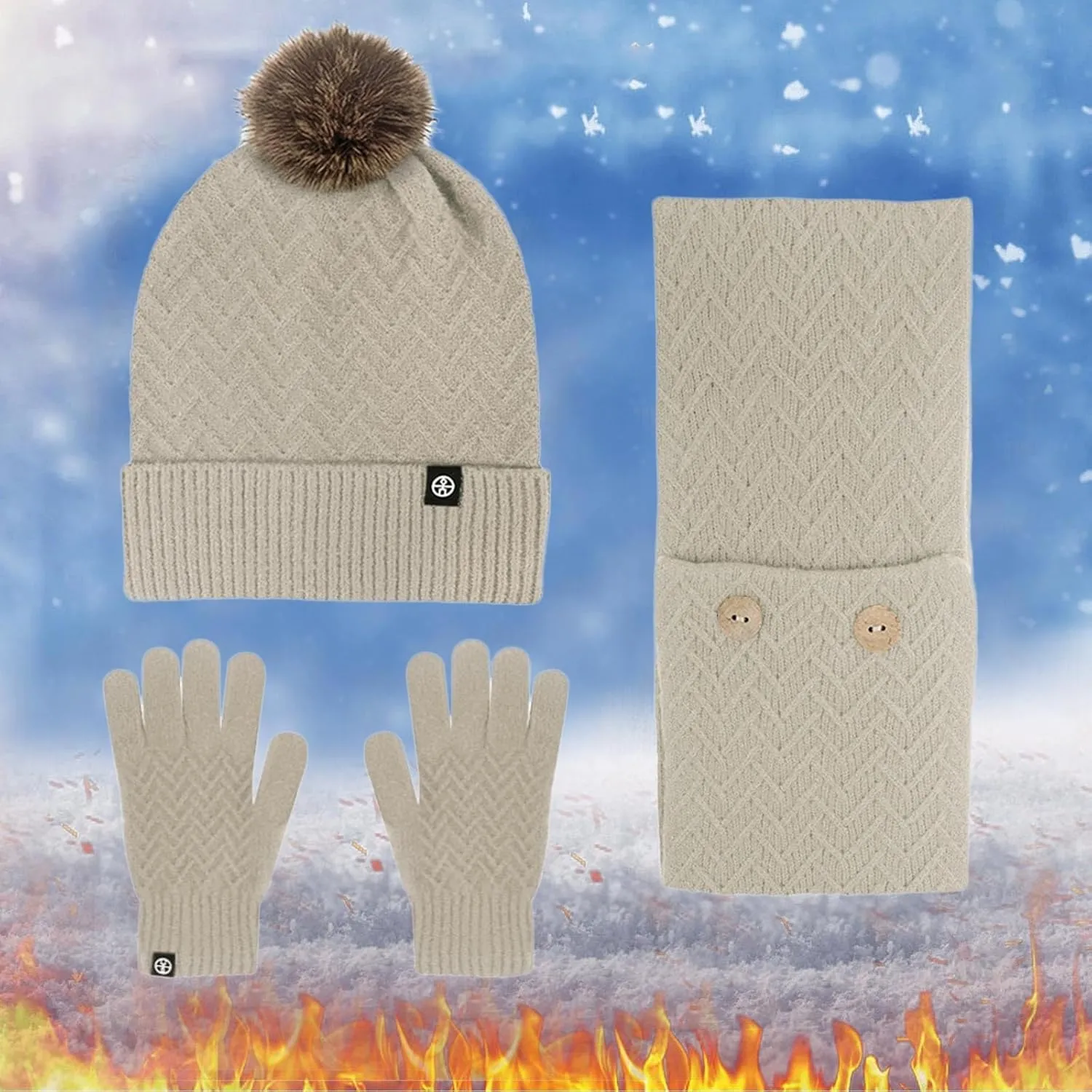 Men Women Winter Hat Warmer Scarf Touchscreen Gloves Set Warmer Neck Thick Knit Hat Set Scarf Hat Set Men