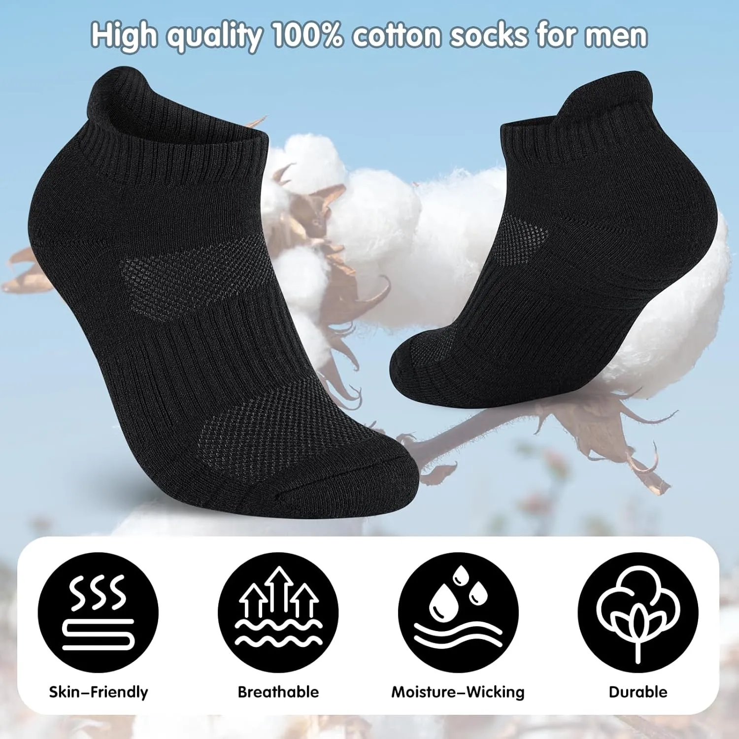 Mens 100% Cotton Ankel Socks, Athletic Cushioned Performance Running Moisture Wicking Breathable socks