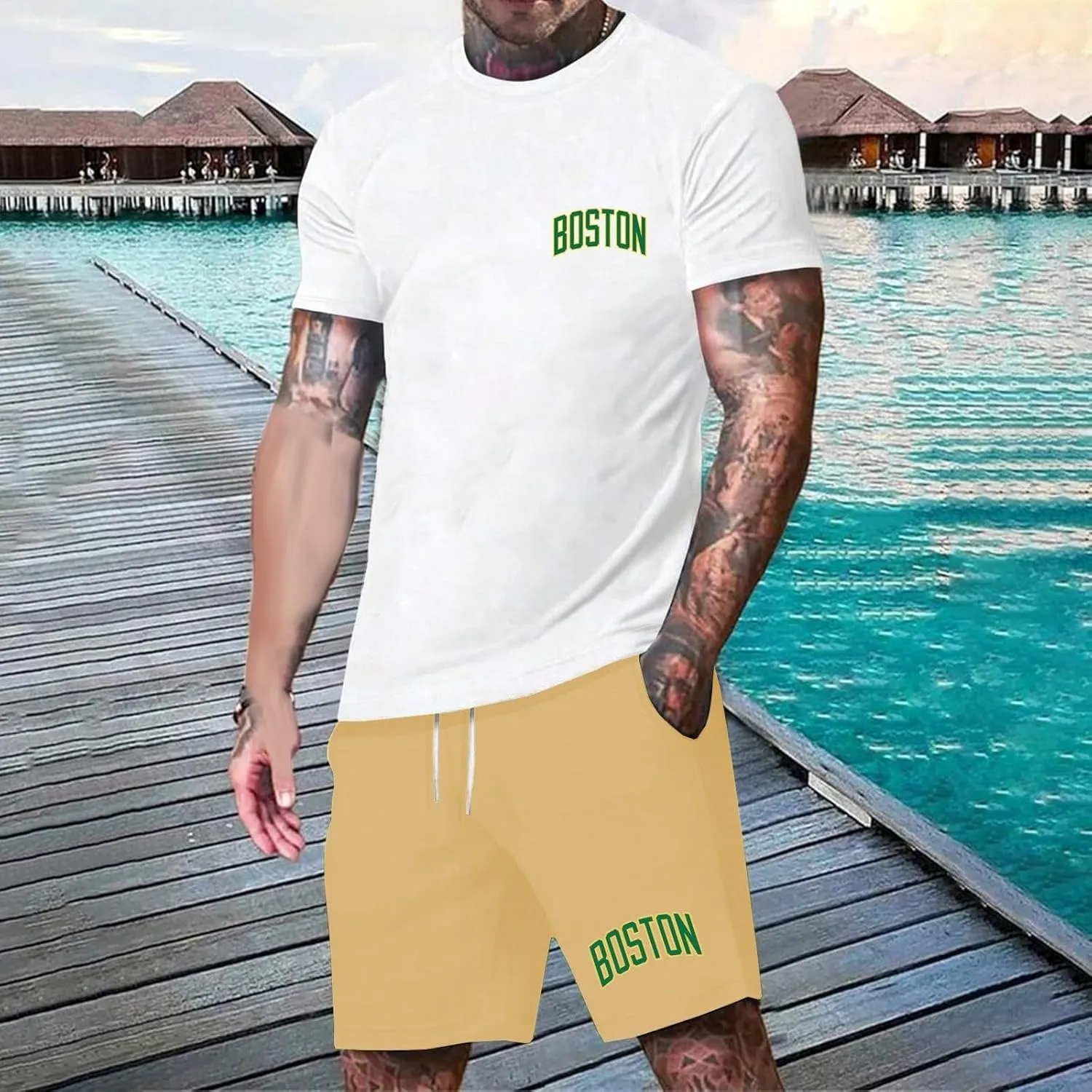 Men's 2 Piece Outfits Letter Printed Shirt and Shorts Set Crewneck T-Shirts Drawstring Short Summer Beach Sets