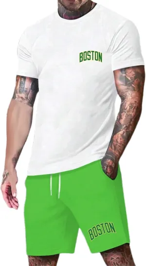 Men's 2 Piece Outfits Letter Printed Shirt and Shorts Set Crewneck T-Shirts Drawstring Short Summer Beach Sets