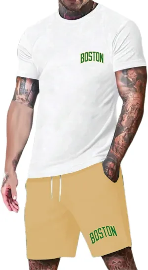 Men's 2 Piece Outfits Letter Printed Shirt and Shorts Set Crewneck T-Shirts Drawstring Short Summer Beach Sets