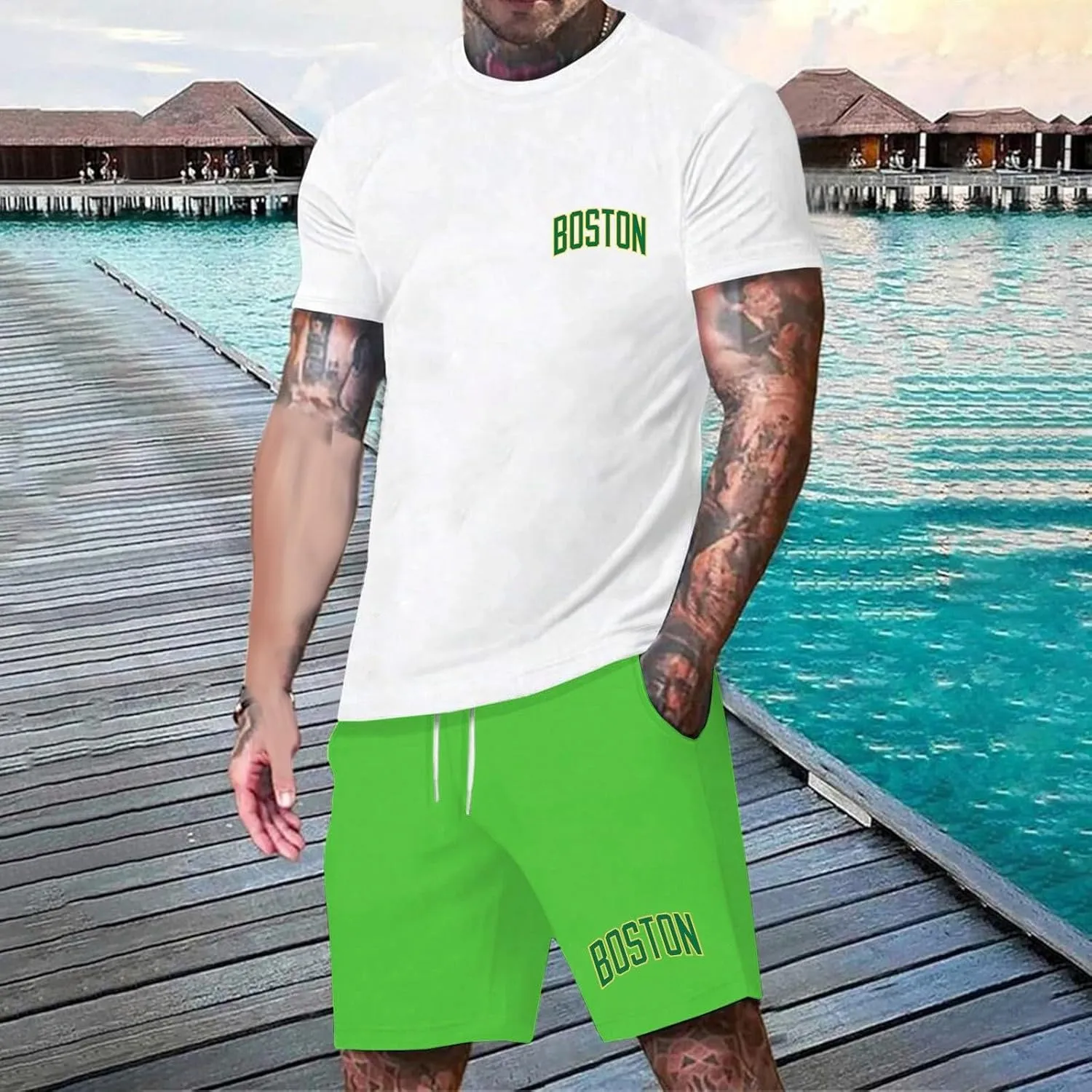 Men's 2 Piece Outfits Letter Printed Shirt and Shorts Set Crewneck T-Shirts Drawstring Short Summer Beach Sets