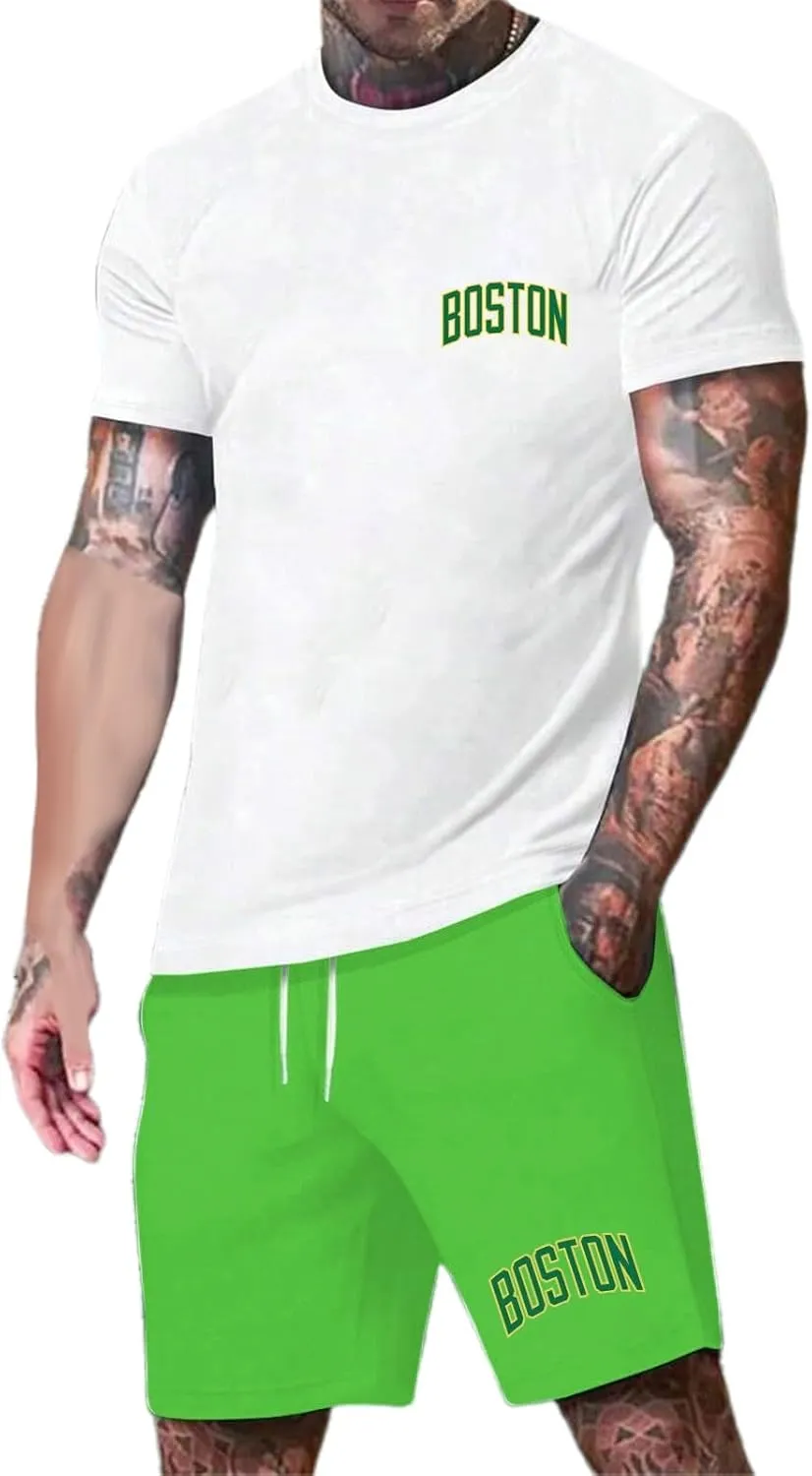 Men's 2 Piece Outfits Letter Printed Shirt and Shorts Set Crewneck T-Shirts Drawstring Short Summer Beach Sets