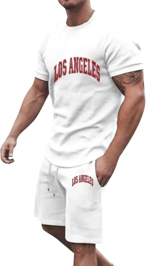Mens 2 Piece Outfits Short Sleeve Letter Print Tee and Shorts Tracksuit Summer Vacation Beach Short Sets Loose Undershort
