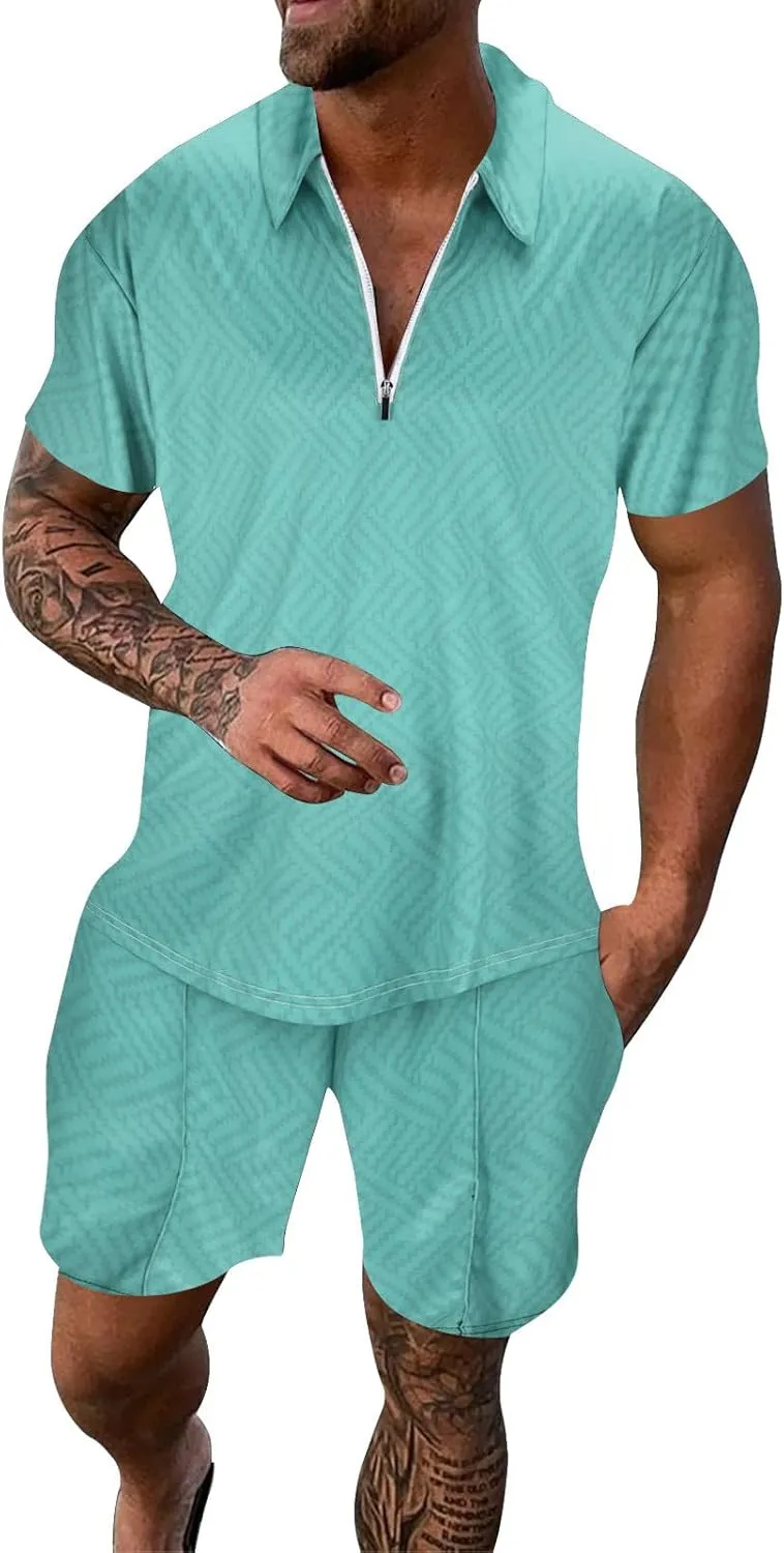 Mens 2 Piece Outfits Summer Short Sleeve Tracksuits Casual Polo Shirts and Shorts Sets Beach Vacation Outfits Sweatsuit
