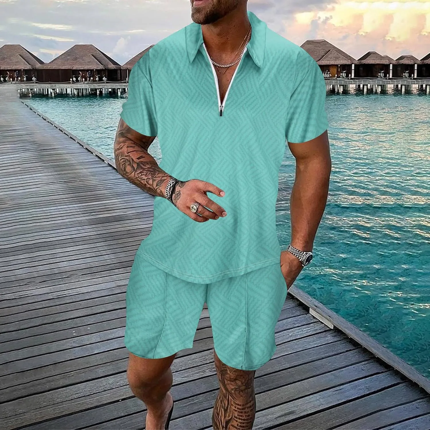 Mens 2 Piece Outfits Summer Short Sleeve Tracksuits Casual Polo Shirts and Shorts Sets Beach Vacation Outfits Sweatsuit