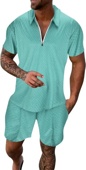 Mens 2 Piece Outfits Summer Short Sleeve Tracksuits Casual Polo Shirts and Shorts Sets Beach Vacation Outfits Sweatsuit