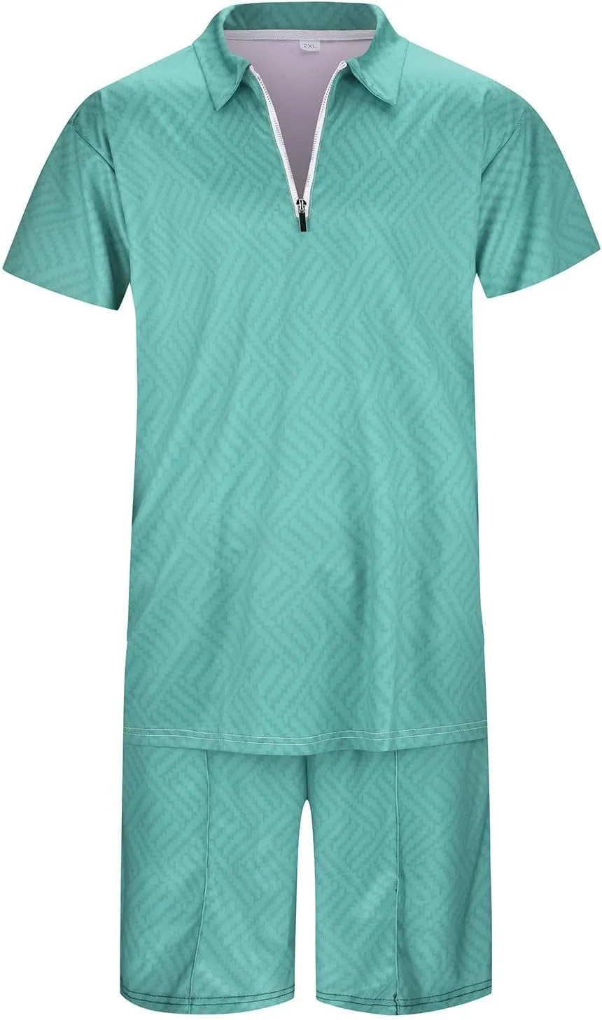 Mens 2 Piece Outfits Summer Short Sleeve Tracksuits Casual Polo Shirts and Shorts Sets Beach Vacation Outfits Sweatsuit