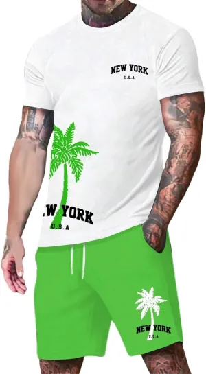 Men's 2 Piece Summer Beach Outfits Coconut Palm Printed T Shirts and Short Set Drawstring Vacation Shorts Sets