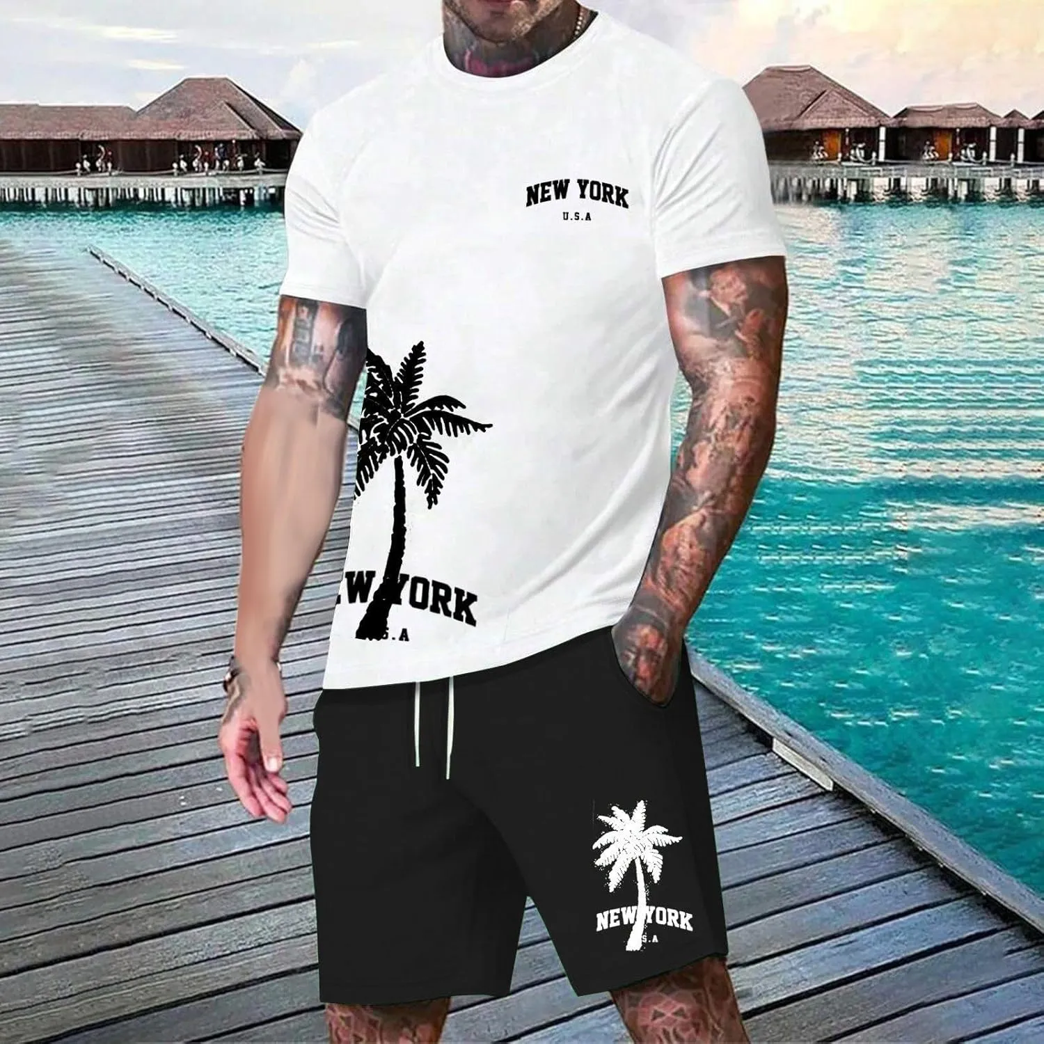 Men's 2 Piece Summer Beach Outfits Coconut Palm Printed T Shirts and Short Set Drawstring Vacation Shorts Sets