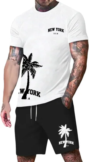 Men's 2 Piece Summer Beach Outfits Coconut Palm Printed T Shirts and Short Set Drawstring Vacation Shorts Sets