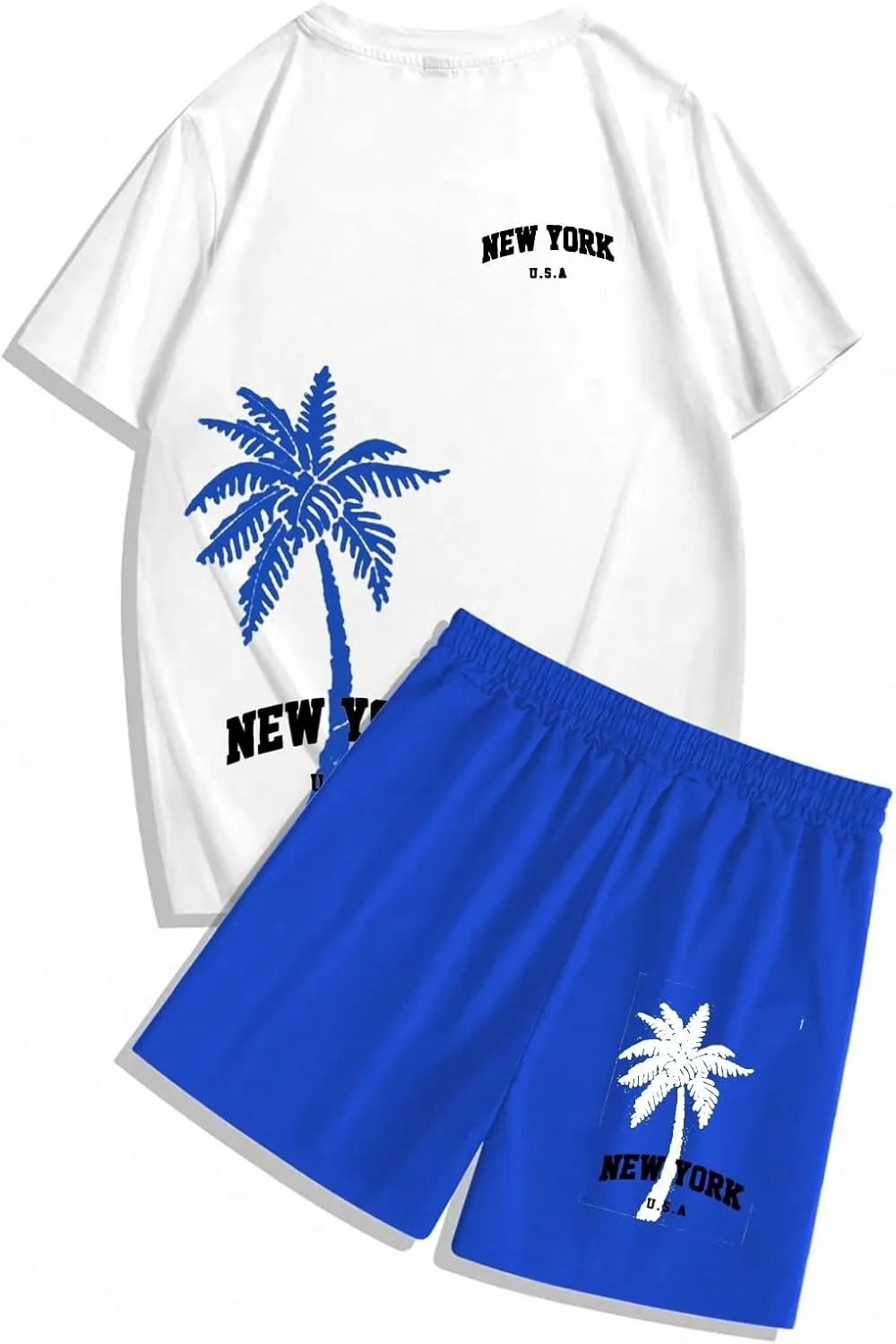 Men's 2 Piece Summer Beach Outfits Coconut Palm Printed T Shirts and Short Set Drawstring Vacation Shorts Sets