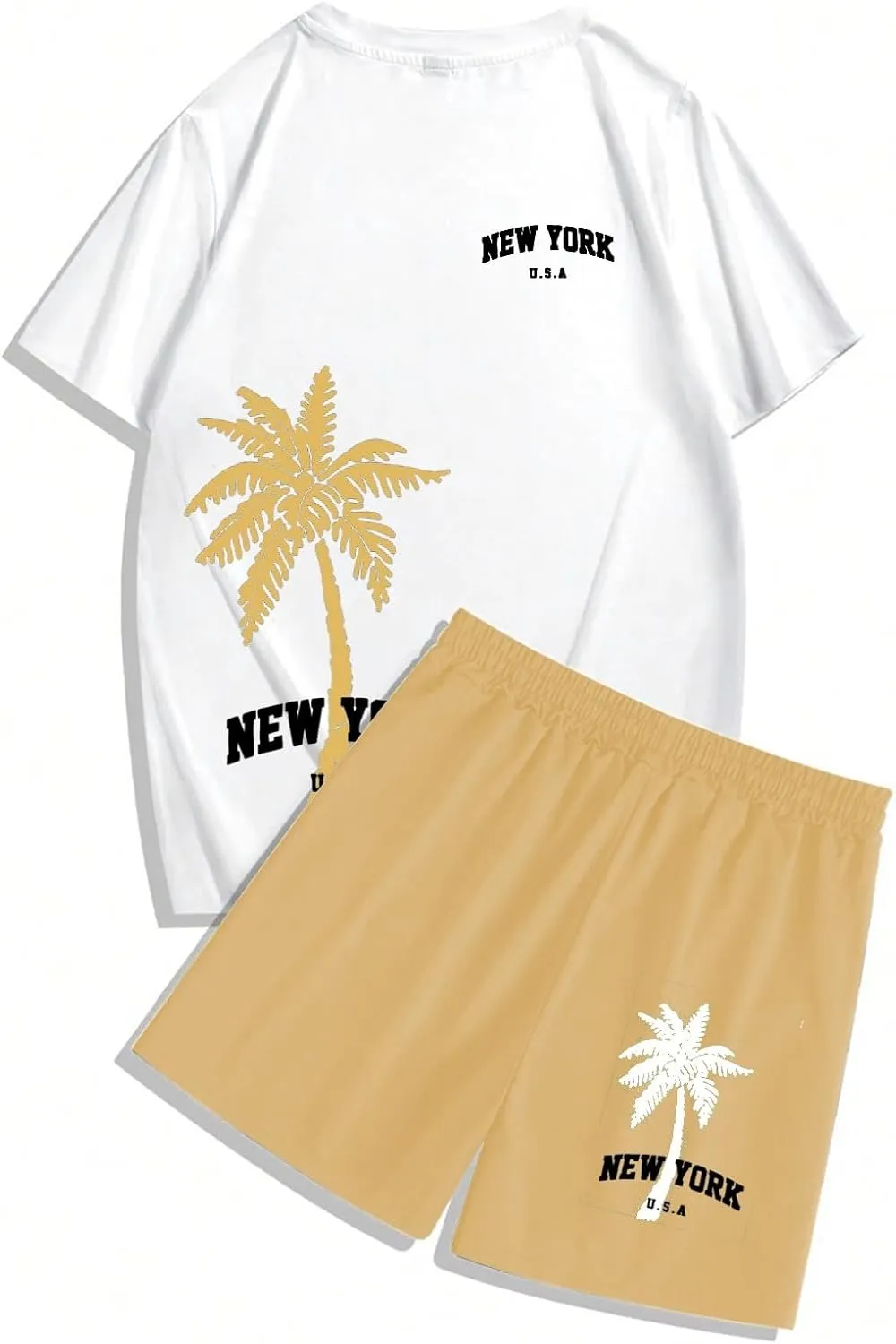 Men's 2 Piece Summer Beach Outfits Coconut Palm Printed T Shirts and Short Set Drawstring Vacation Shorts Sets
