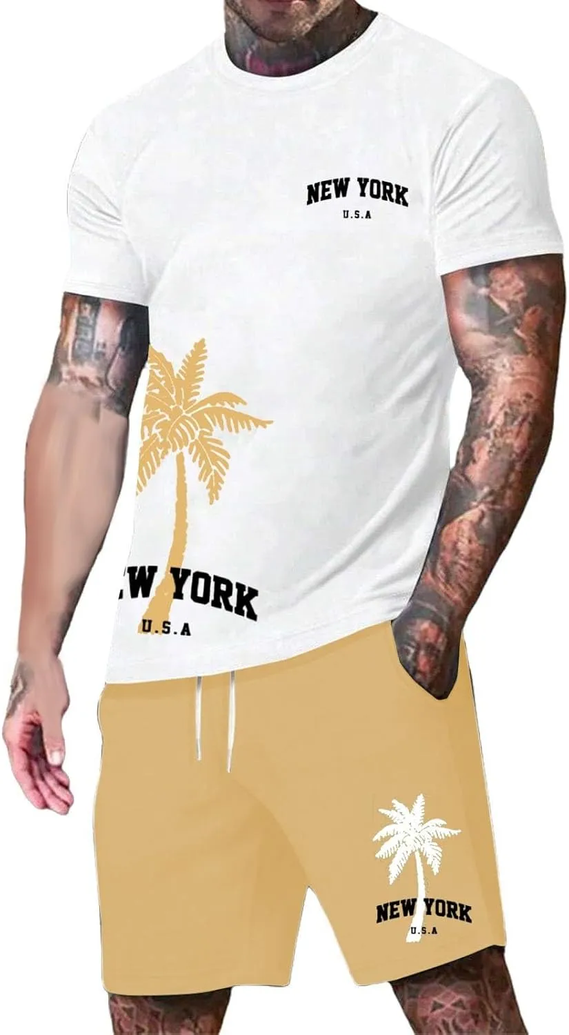 Men's 2 Piece Summer Beach Outfits Coconut Palm Printed T Shirts and Short Set Drawstring Vacation Shorts Sets
