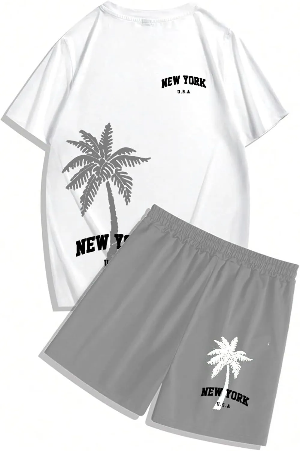 Men's 2 Piece Summer Beach Outfits Coconut Palm Printed T Shirts and Short Set Drawstring Vacation Shorts Sets