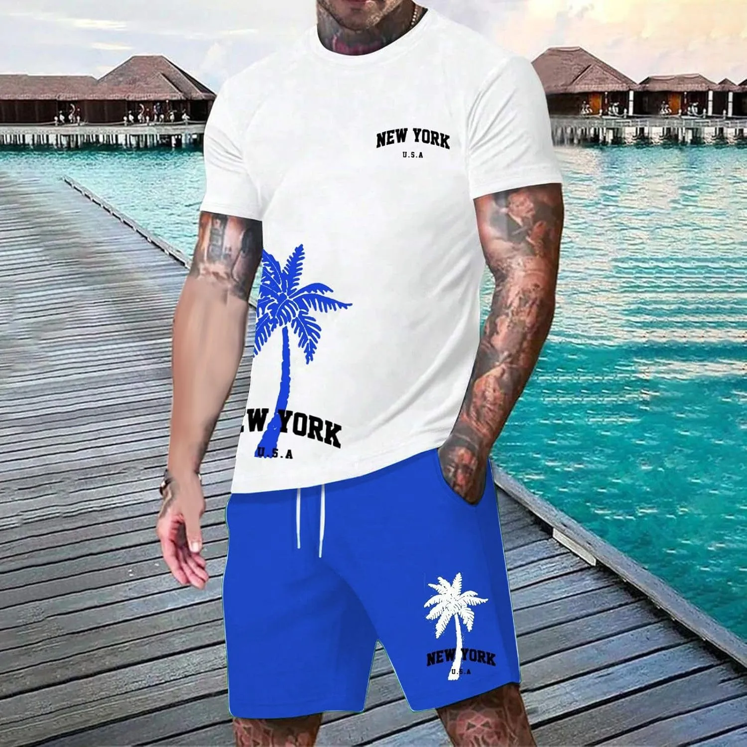 Men's 2 Piece Summer Beach Outfits Coconut Palm Printed T Shirts and Short Set Drawstring Vacation Shorts Sets