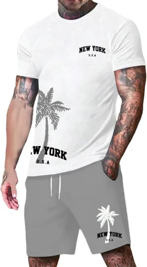 Men's 2 Piece Summer Beach Outfits Coconut Palm Printed T Shirts and Short Set Drawstring Vacation Shorts Sets