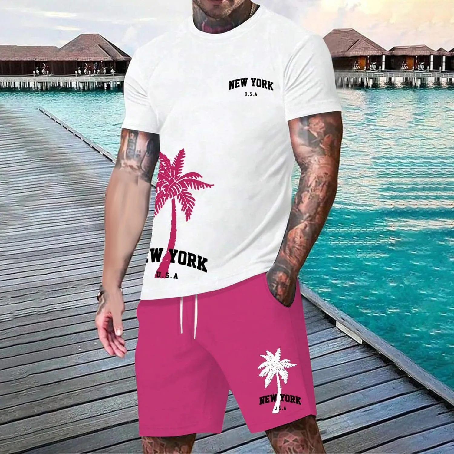 Men's 2 Piece Summer Beach Outfits Coconut Palm Printed T Shirts and Short Set Drawstring Vacation Shorts Sets
