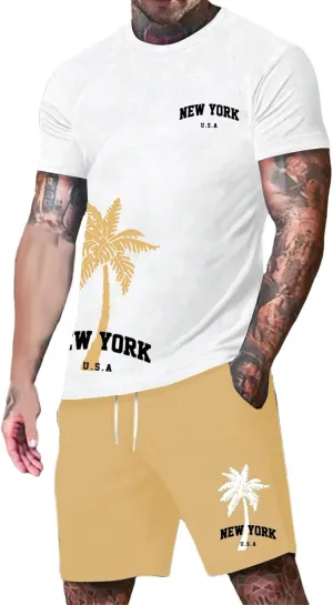 Men's 2 Piece Summer Beach Outfits Coconut Palm Printed T Shirts and Short Set Drawstring Vacation Shorts Sets