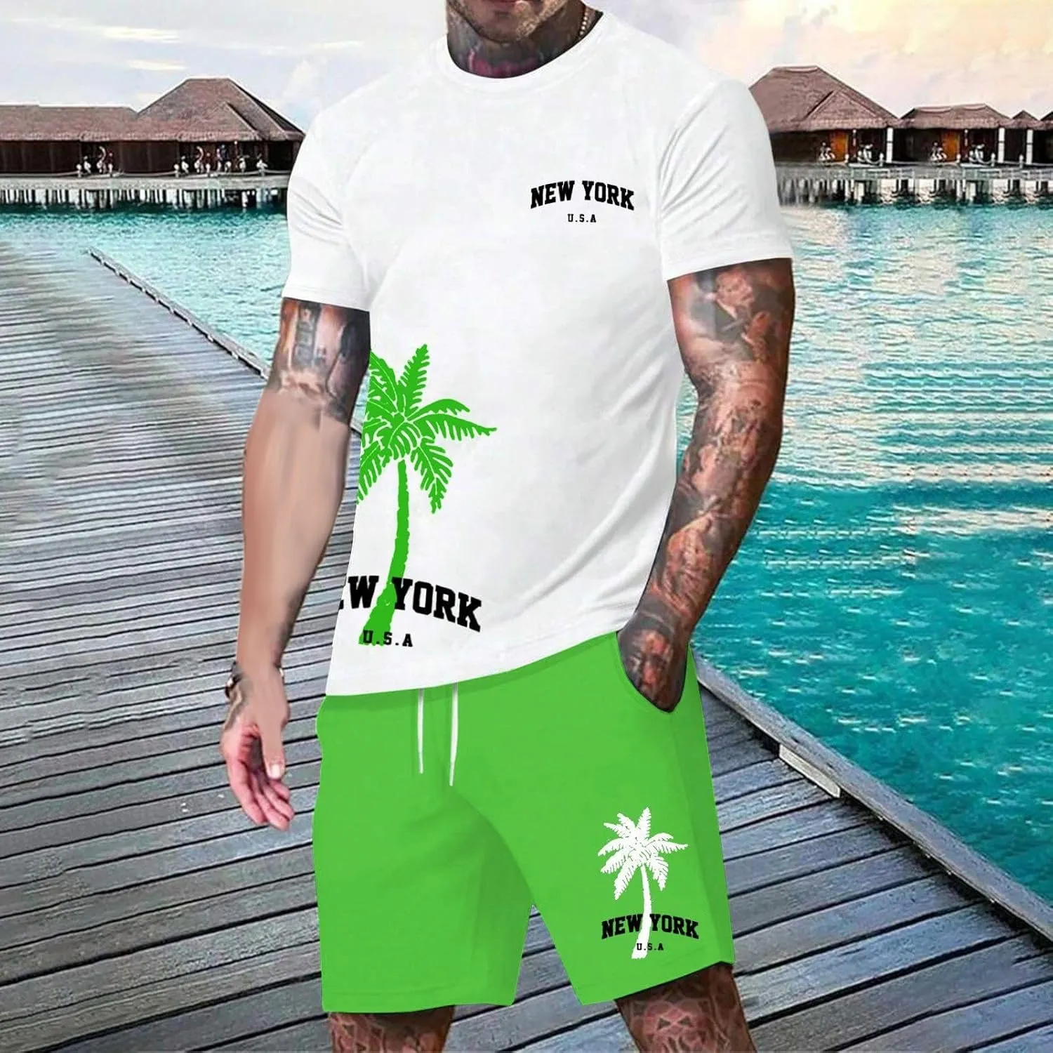Men's 2 Piece Summer Beach Outfits Coconut Palm Printed T Shirts and Short Set Drawstring Vacation Shorts Sets