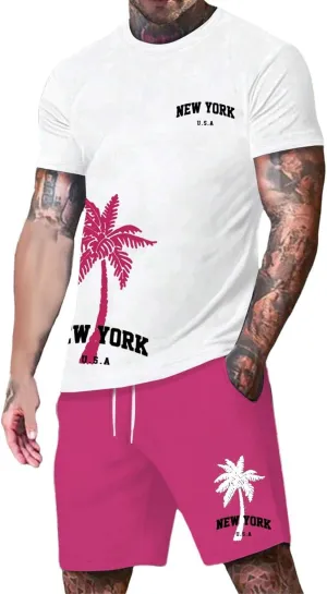 Men's 2 Piece Summer Beach Outfits Coconut Palm Printed T Shirts and Short Set Drawstring Vacation Shorts Sets