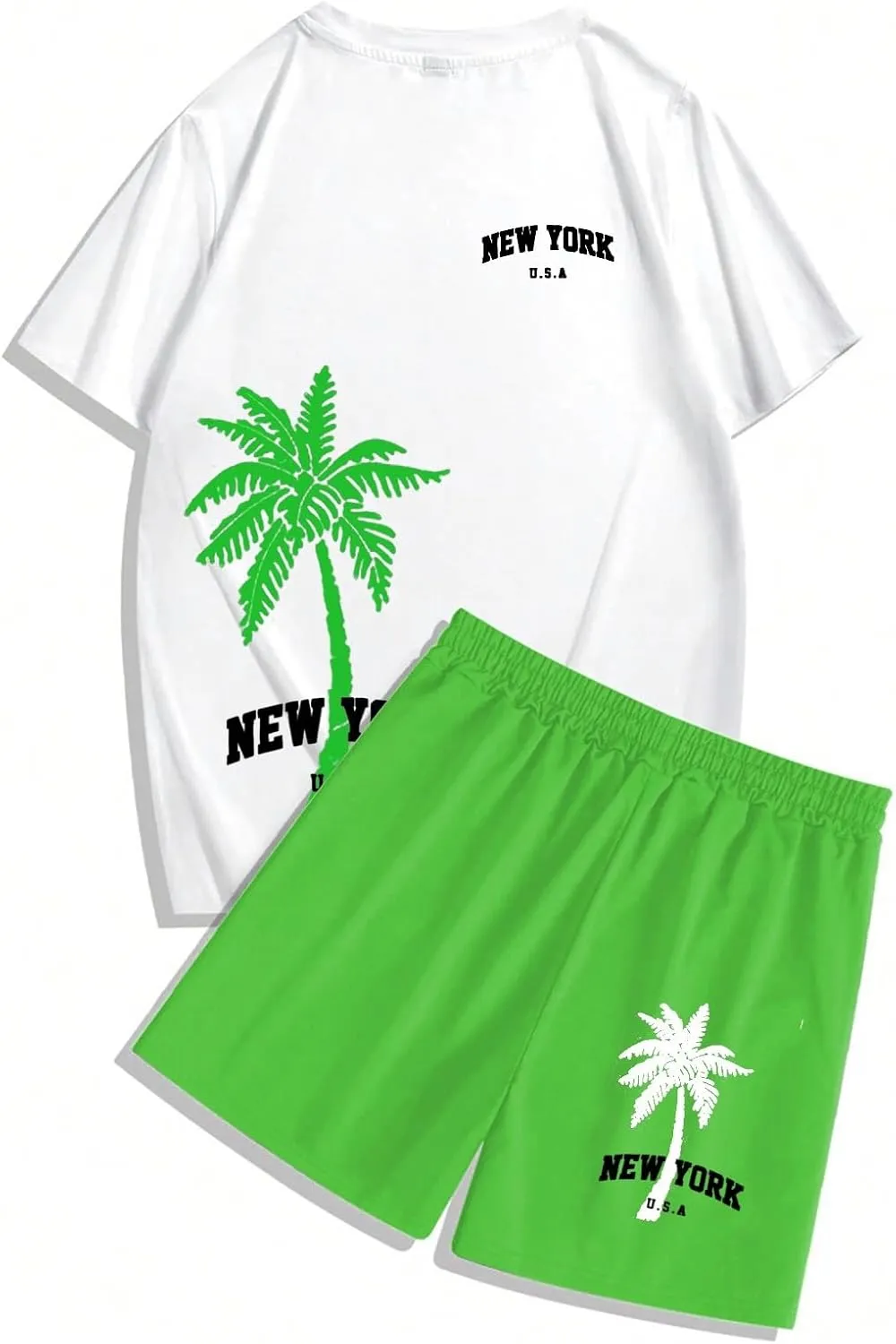 Men's 2 Piece Summer Beach Outfits Coconut Palm Printed T Shirts and Short Set Drawstring Vacation Shorts Sets