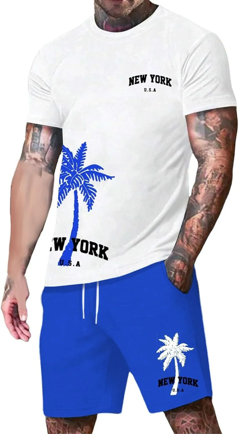 Men's 2 Piece Summer Beach Outfits Coconut Palm Printed T Shirts and Short Set Drawstring Vacation Shorts Sets