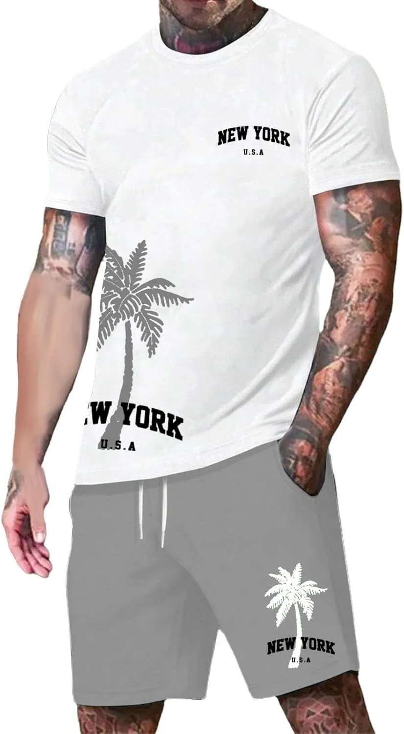 Men's 2 Piece Summer Beach Outfits Coconut Palm Printed T Shirts and Short Set Drawstring Vacation Shorts Sets