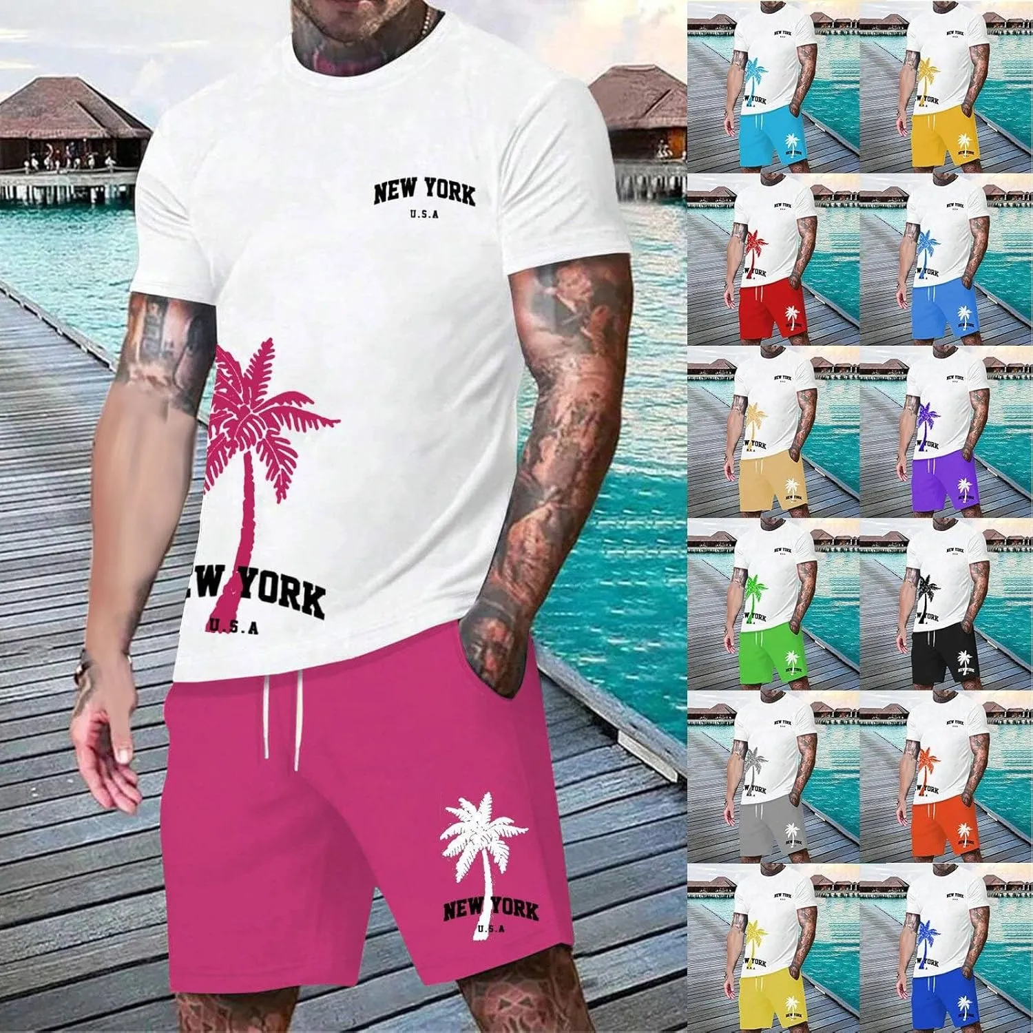 Men's 2 Piece Summer Beach Outfits Coconut Palm Printed T Shirts and Short Set Drawstring Vacation Shorts Sets