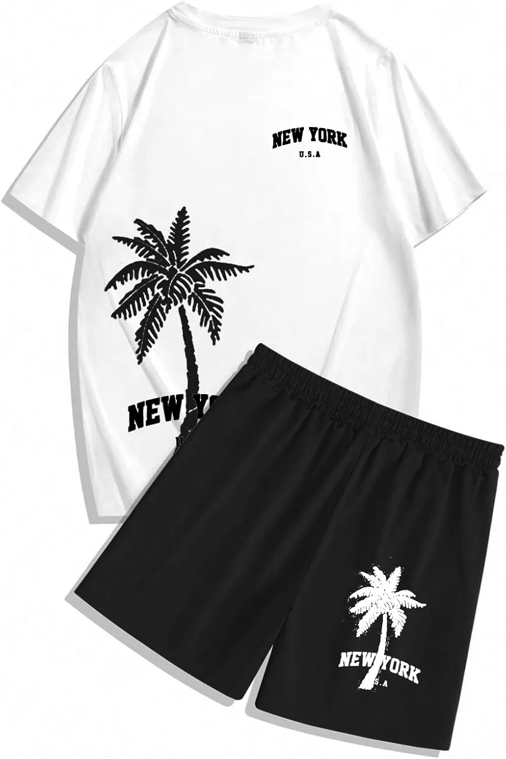 Men's 2 Piece Summer Beach Outfits Coconut Palm Printed T Shirts and Short Set Drawstring Vacation Shorts Sets