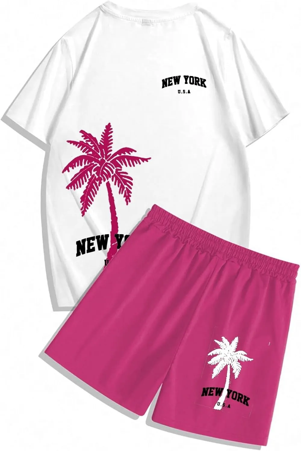 Men's 2 Piece Summer Beach Outfits Coconut Palm Printed T Shirts and Short Set Drawstring Vacation Shorts Sets