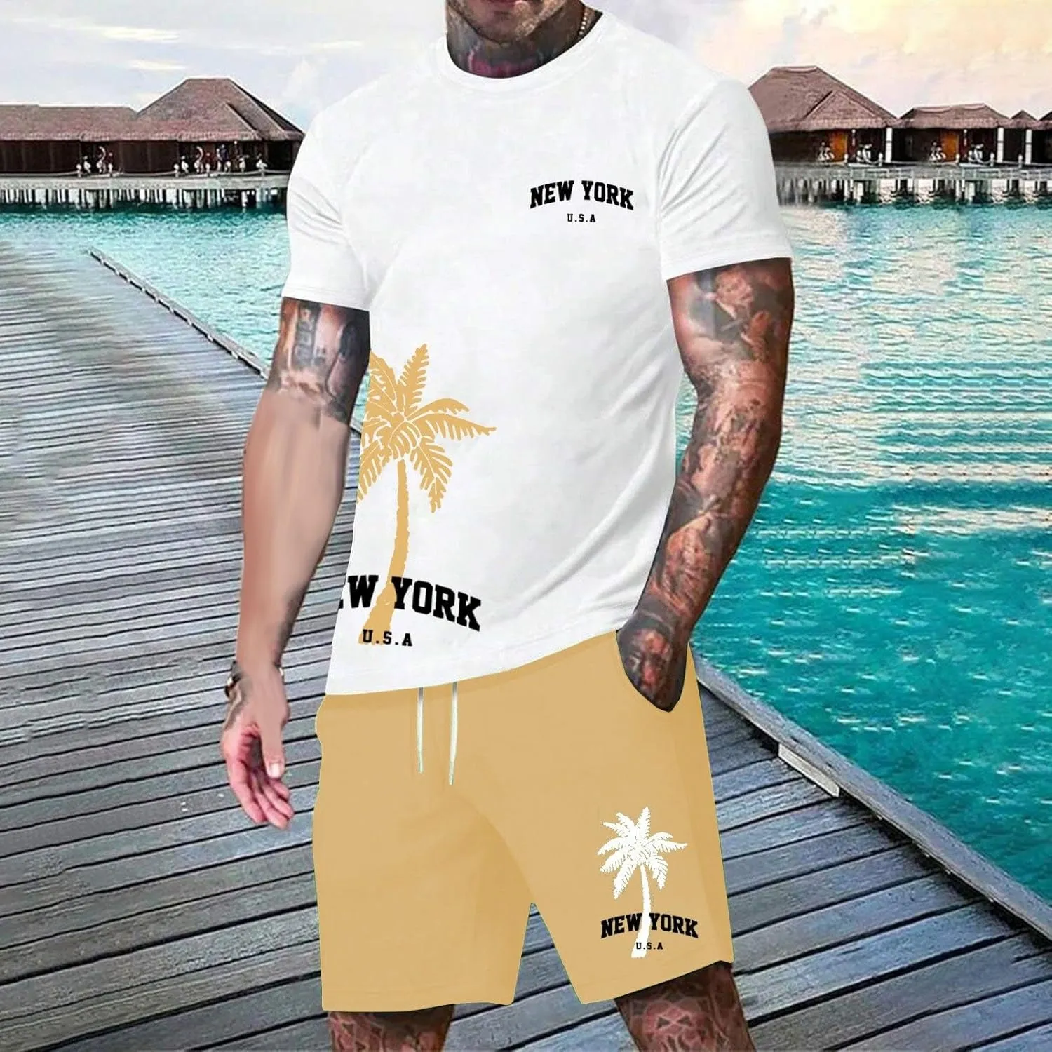 Men's 2 Piece Summer Beach Outfits Coconut Palm Printed T Shirts and Short Set Drawstring Vacation Shorts Sets