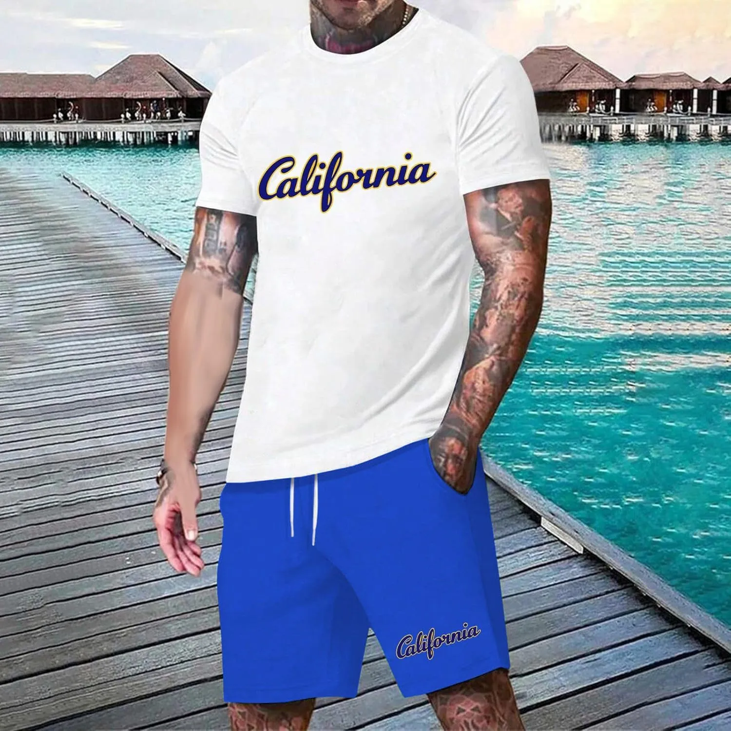 Men's 2 Piece Summer Beach Outfits Letter Printed T-Shirts Tops Shorts Big and Tall Short Vacation Comfort Sets
