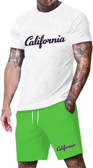 Men's 2 Piece Summer Beach Outfits Letter Printed T-Shirts Tops Shorts Big and Tall Short Vacation Comfort Sets