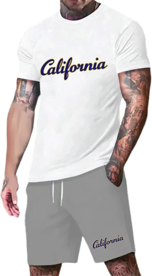 Men's 2 Piece Summer Beach Outfits Letter Printed T-Shirts Tops Shorts Big and Tall Short Vacation Comfort Sets