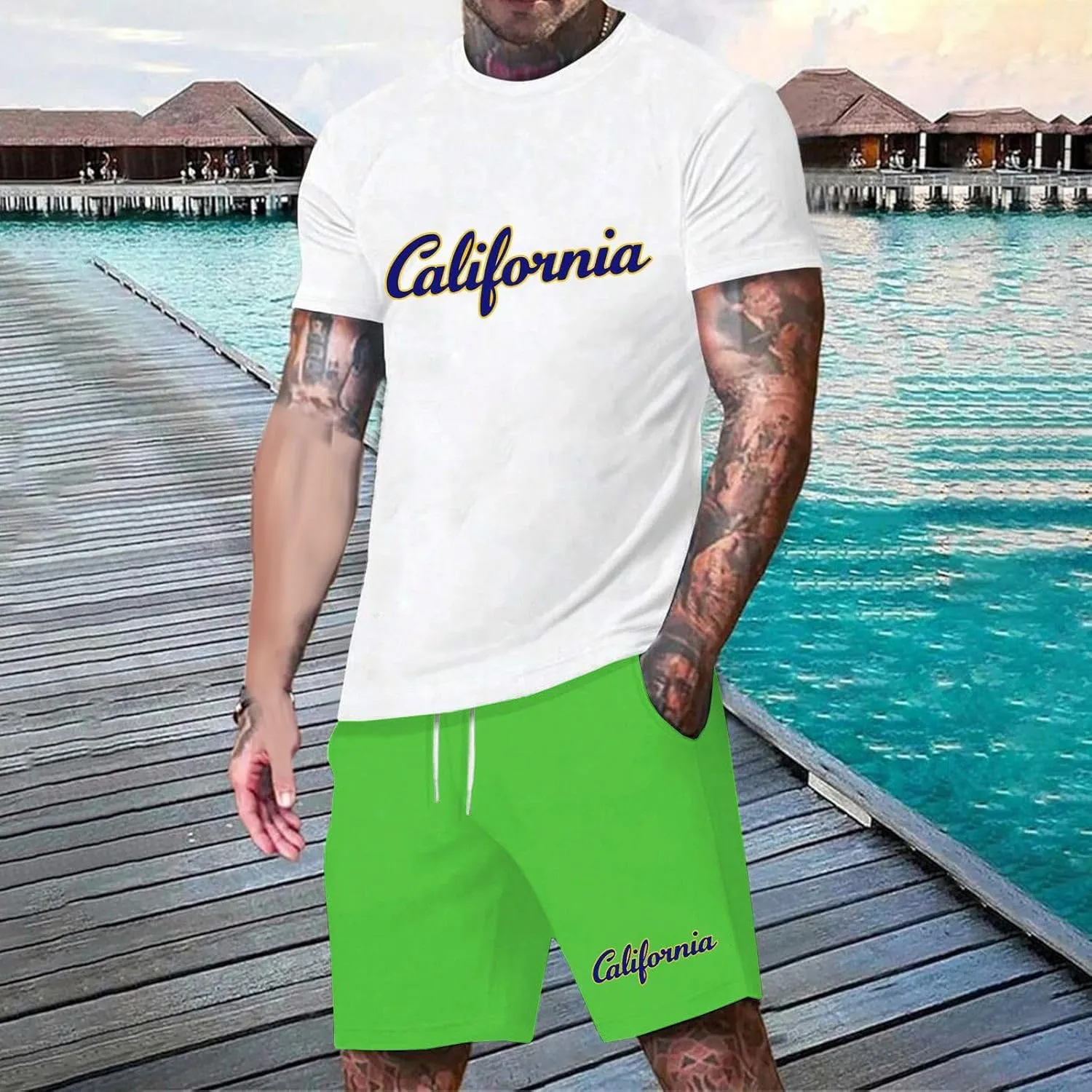 Men's 2 Piece Summer Beach Outfits Letter Printed T-Shirts Tops Shorts Big and Tall Short Vacation Comfort Sets