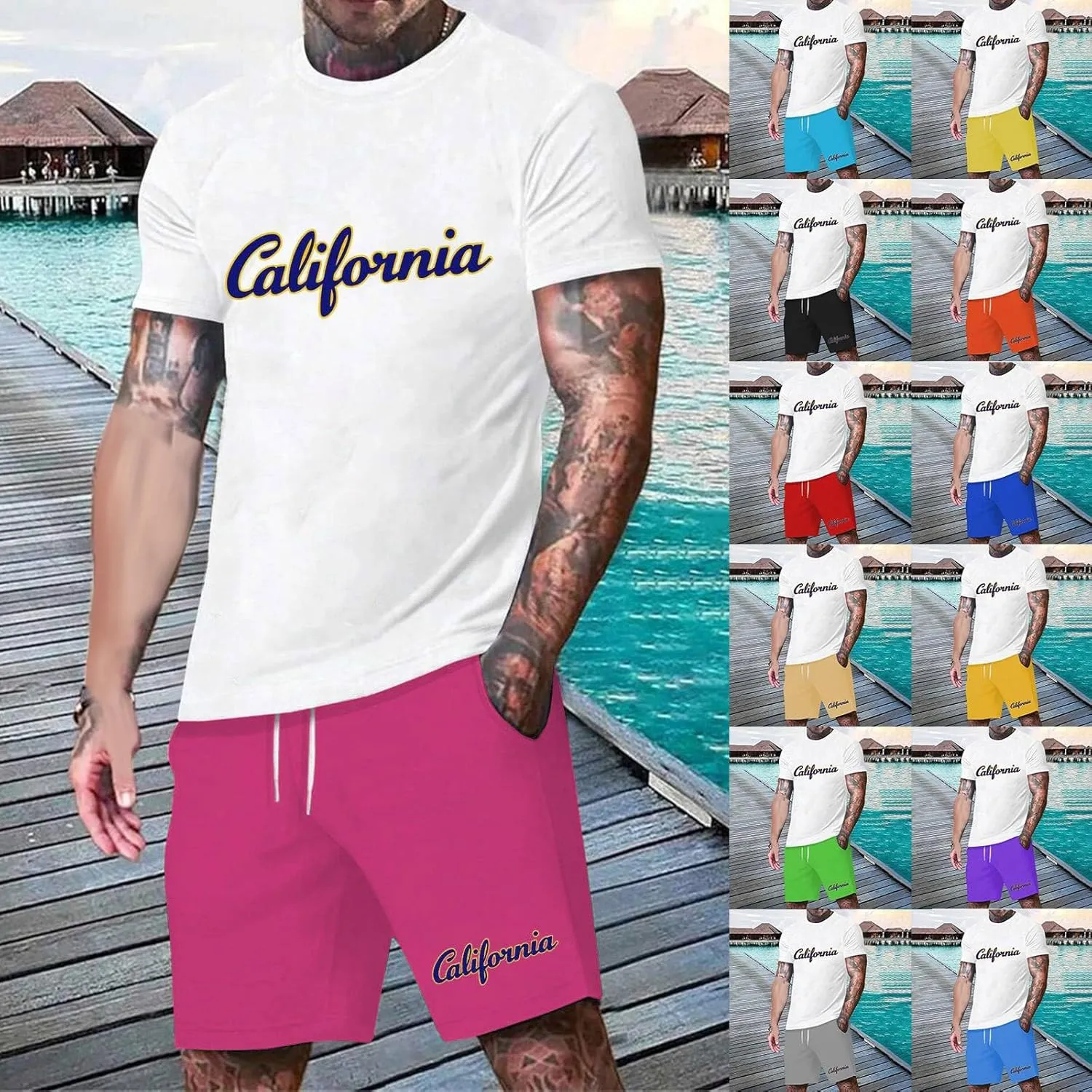 Men's 2 Piece Summer Beach Outfits Letter Printed T-Shirts Tops Shorts Big and Tall Short Vacation Comfort Sets