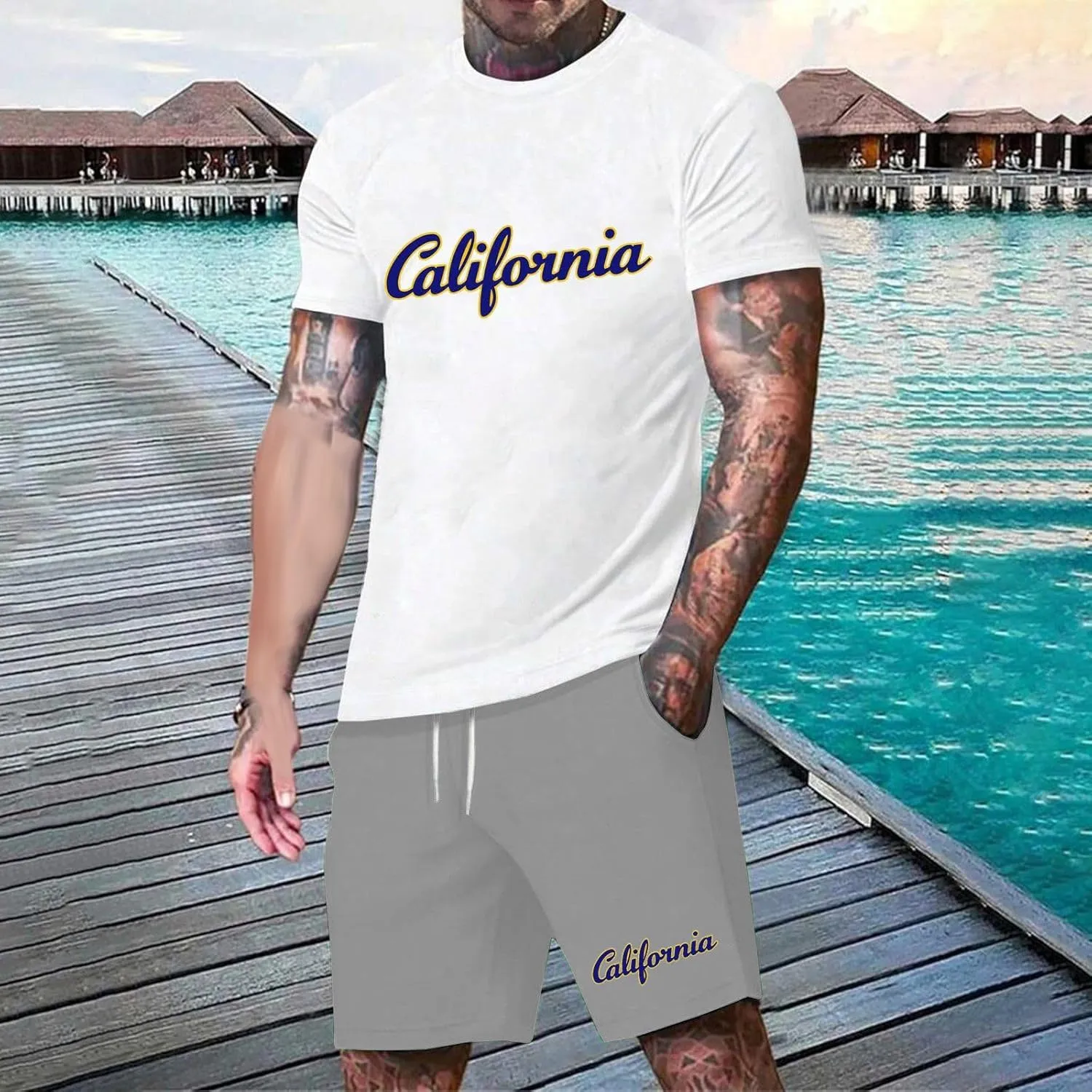 Men's 2 Piece Summer Beach Outfits Letter Printed T-Shirts Tops Shorts Big and Tall Short Vacation Comfort Sets