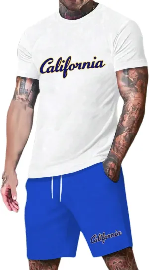Men's 2 Piece Summer Beach Outfits Letter Printed T-Shirts Tops Shorts Big and Tall Short Vacation Comfort Sets